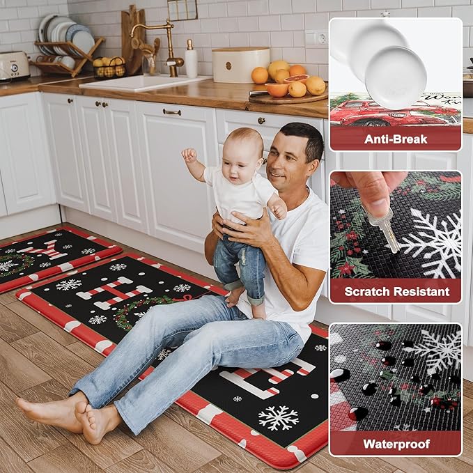 Christmas Joy Winter Snowflake Kitchen Floor Mat, Cushioned Anti Fatigue Kitchen Rug Waterproof Kitchen Rug Sets of 2, Non Slip Comfort Foam Standing Mat for Office Sink Laundry 17x30+17x47inch