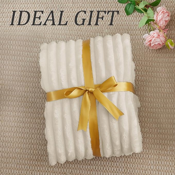 BEDELITE Twin Blanket for Couch & Bed, 300GSM Soft & Warm Fleece Blanket, Decorative and Giftable Striped Beige Blankets for Women, Men, 60"x80"