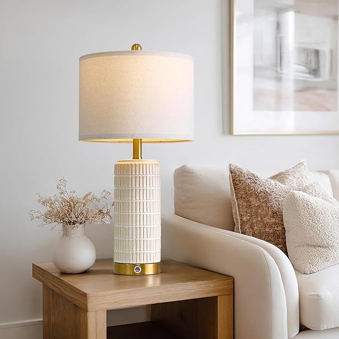 PoKat Touch Bedside Table Lamps with USB Ports for Bedroom, 25'' Dimmable Nightstand Touch Lamps for Living Room, Modern Ceramic Lamps for Night Stands Bedroom, Office, Nursery, White and Beige