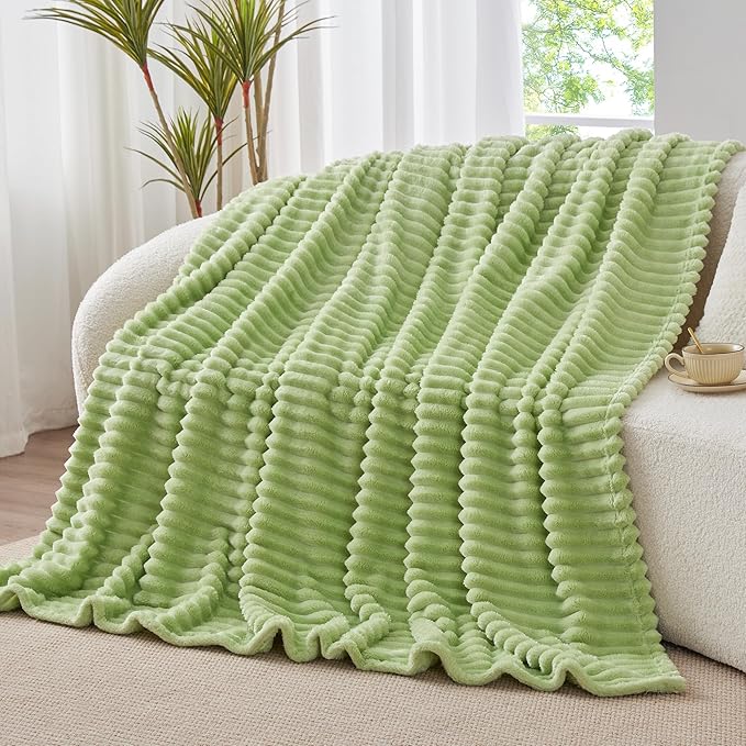 BEDELITE Twin Blanket for Couch & Bed, 300GSM Soft & Warm Fleece Blanket, Decorative and Giftable Striped Grass Green Blankets for Women, Men, 60"x80"