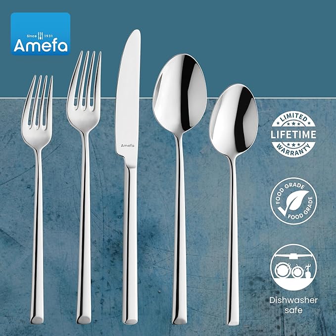 Amefa 45-Piece Silverware Flatware Cutlery Set Service for 8, Durable 18/10 Stainless Steel High Gloss Mirror Finish, tableware in Ergonomic Design Size and Weight, Dishwasher Safe (Metropole)