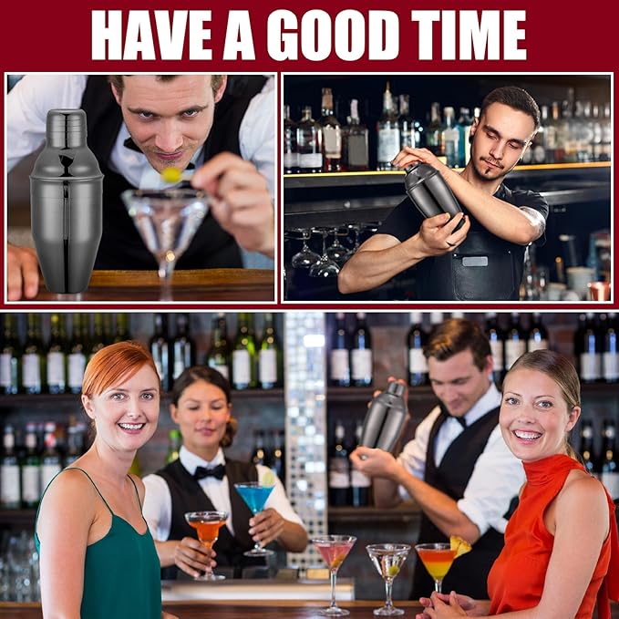 Nitial 6 Pcs Bar Cocktail Shaker Professional Stainless Steel Martini Drink Mixer Built-in Strainer for Bartending No Leaks Shaker for Bar Party Drink Mixer(Black,11.8 oz)