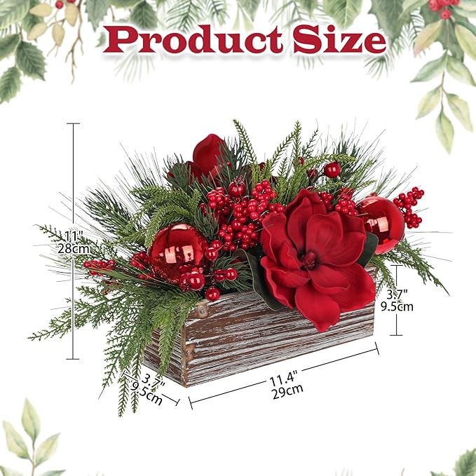 Christmas Centerpiece 11 Inch Artificial Norfolk Pine in Rustic Wooden Pot Flower Arrangement with Magnolia Flowers Pine Greenery Red Berries Ornaments for Dining Table Holiday Party Mantel Xmas Decor
