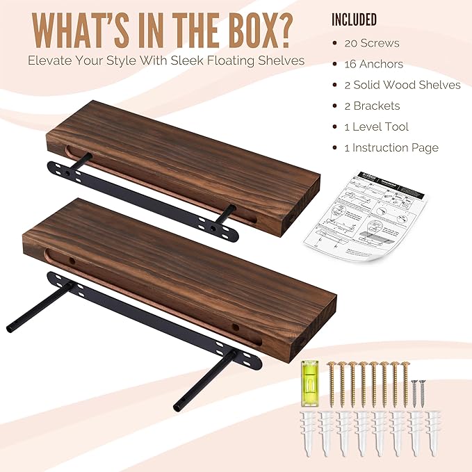 Sorbus Wood Floating Shelves for Wall - 16” Solid Wood Wall Shelves for Bathroom Decor, Books, Bedroom & Living Room - Set of 2 Walnut Wall Mounted Kitchen Shelves - Durable Solid Pine