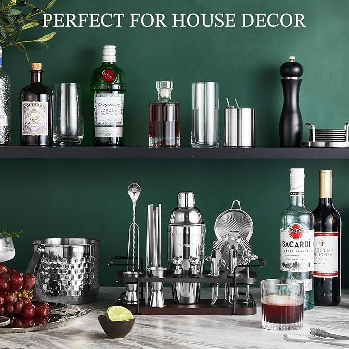 KITESSENSU Cocktail Shaker Set Bartender Kit with Stand | Complete 24-Piece Bar Set Cocktail Kit with All Bar Accessories: Martini Shaker, Jigger, Muddler | Drink Mixer Set for Home Bar Cocktails