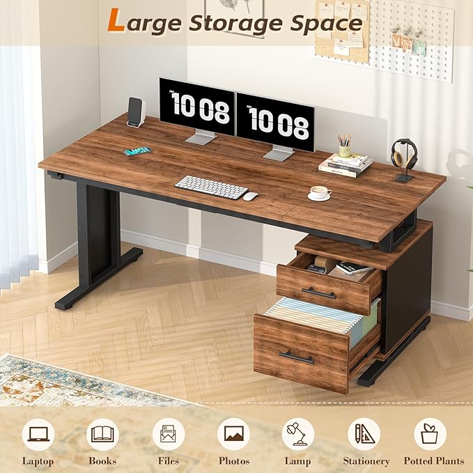 63 Inch Executive Computer Desk with Drawers, Large Office Desk with Storage, Industrial Writing Desk with File Drawer for Home Office, Brown