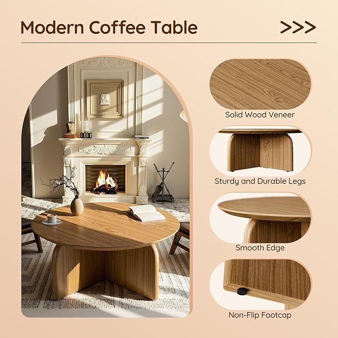 Round Coffee Table with Stylish Curve, 31.5" Circle Wooden Living Room Coffee Table, Modern Farmhouse Center Accent Furniture, Child-Friendly, Easy to Assembly, Brown