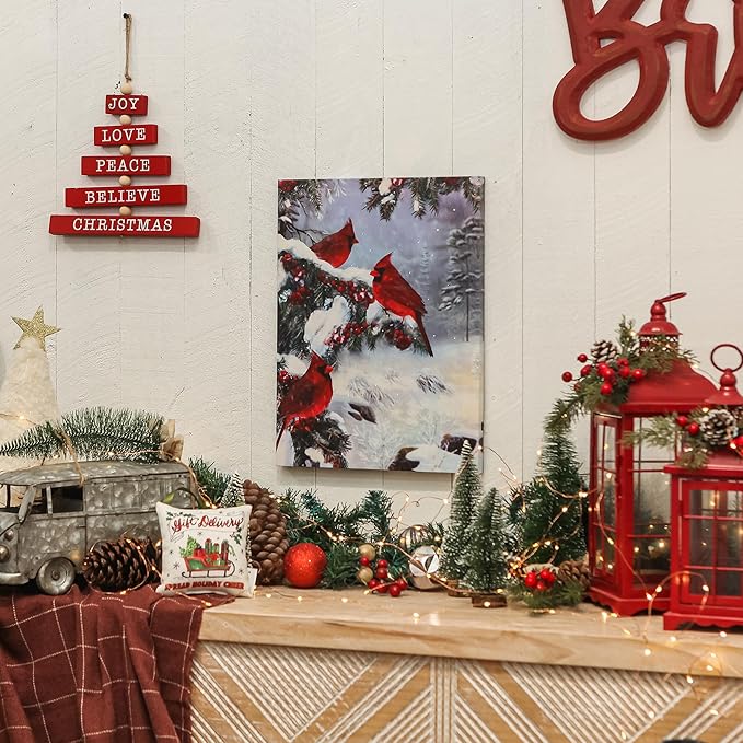 NIKKY HOME 12" x 16" LED Lighted Canvas Wall Art Prints Light Up Cardinal and Berries Artwork Winter Scene Picture for Holiday Decor