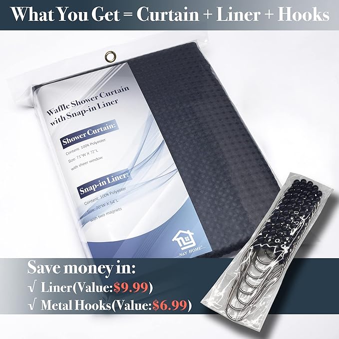 N&Y HOME Waffle Weave Shower Curtain with Snap-in Fabric Liner & Metal Hooks Set - Hotel Style, Mesh Top Window, Water-Repellent & Washable - 71x72, Navy Blue