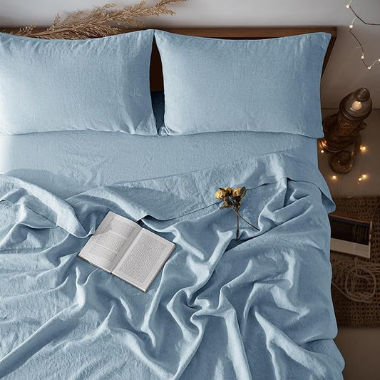 LBRO2M 100% Linen Sheet Set Full Size,Bed Sheets 4 Piece Sets,Solid Color Natural Flax Bed Sheets Soft Breathable Bedding,16" Deep Pocket,All Season (Full, Dusty Blue)