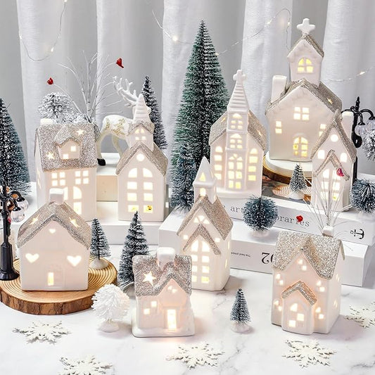 Set of 28 Ceramic Christmas Village Sets 9 Pieces White House with 17 Pieces Snow Tree 2 Lamp Vintage Christmas Decoration for Mantle Table Top Decor (Classic)