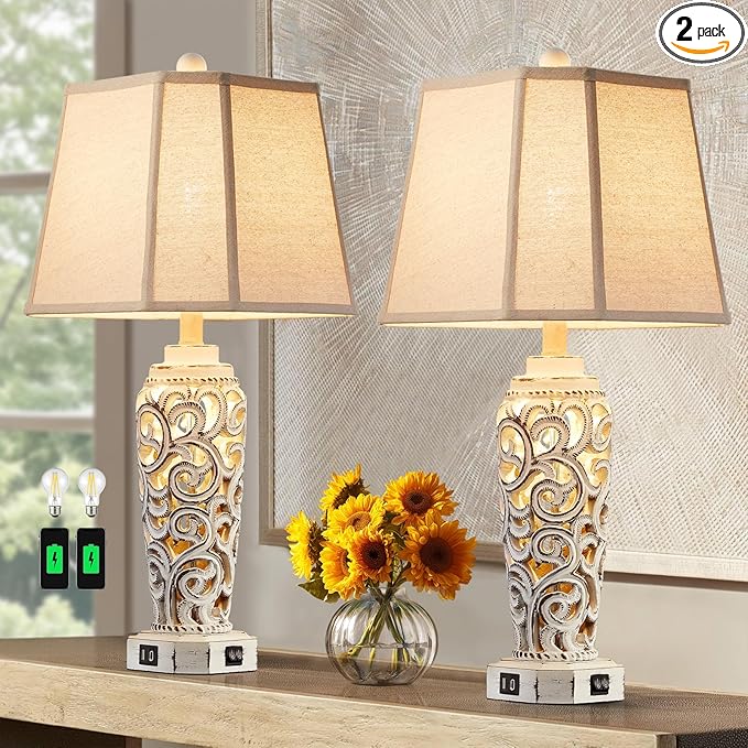 27" Rustic Table Lamps Set of 2 for Living Room with USB A+C Ports, Vintage Nightstand Bedroom Lamp with Hollow Nightlight