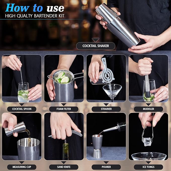 JUSTDOMI 26-Piece Stainless Steel Bar Tool Set Bartender Accessories, Cocktail Shaker Set Bartender Kit with Stand, Cocktails Kit with Muddler for Bar Accessories, Home, Party Cafe Drinks-Style 1
