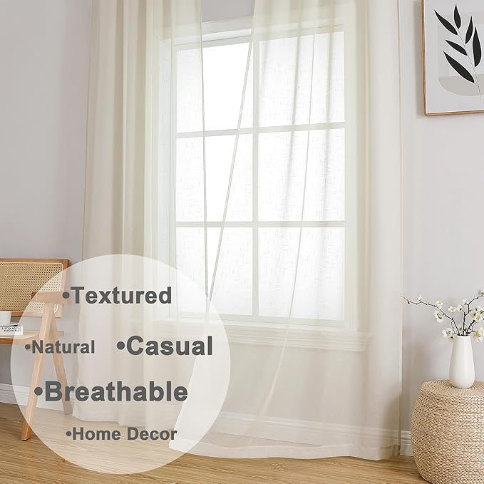 Aiyufeng Kirei Natural Extra Long Linen Sheer Curtains 96 inches Long, Light Filtering Semi Sheers Curtains/Farmhouse Window Treatments Panels/Drapes, Privacy Assured, 2 Panels