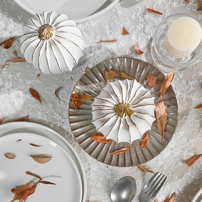 Fall Pumpkin Decor, White and Gold Decorative Pumpkins, Thanksgiving Resin Pumpkins Figurine Set of 2, Elegant Fake Pumpkin Statues for Fall Home Decor, Tabletop Centerpiece, Harvest, Wedding