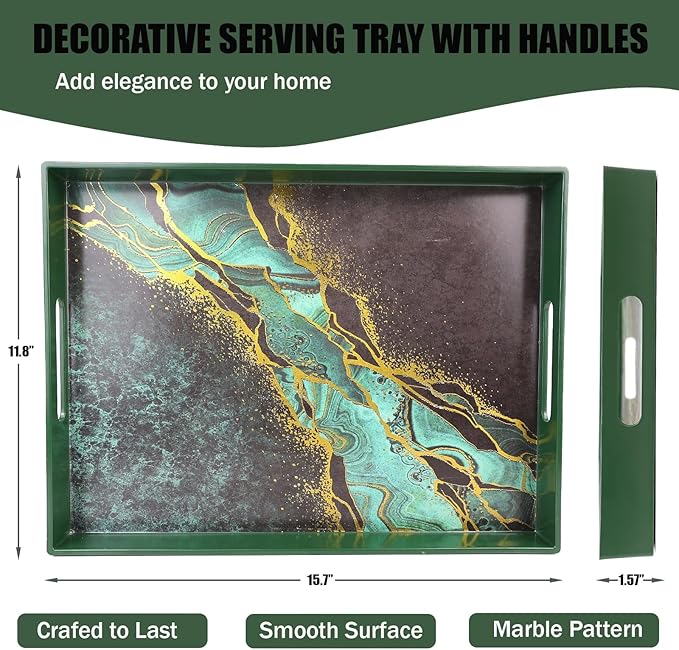 Marble Green Decorative Tray for Coffee Table, Ottoman, Rectangular Plastic Serving Platter Tray with Handles for Entertaining, Outdoor Patio, Living Room Counter, 15.7”*11.8”*1.6”