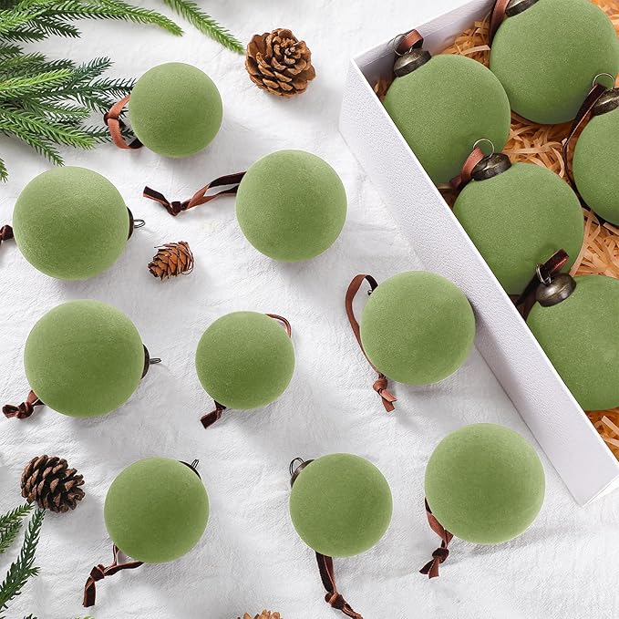 36 Pcs Velvet Christmas Balls Bulk - Flocked Christmas Tree Ball Ornaments Hanging Decoration for Xmas Tree, Wreath, Home or Party Decorations, 2.36", 2.76", 3.15" (Green)