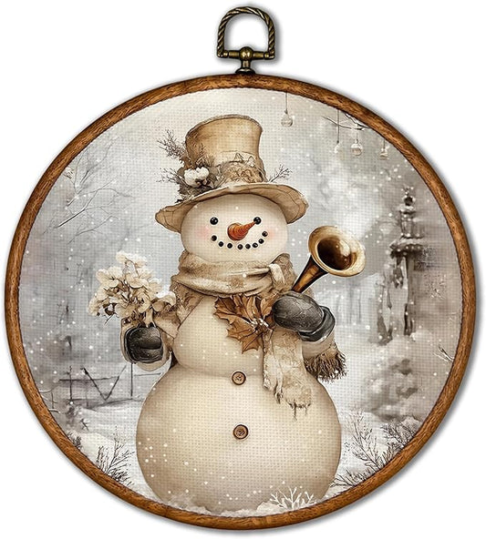 KSDUT Vintage Snowman Wall Decor Art - Retro Christmas Winter Wall Art Canvas Frame Hanging Prints, Merry Xmas Holiday Round Wall Art Decor for Farmhouse Home Decorations 10"x10"