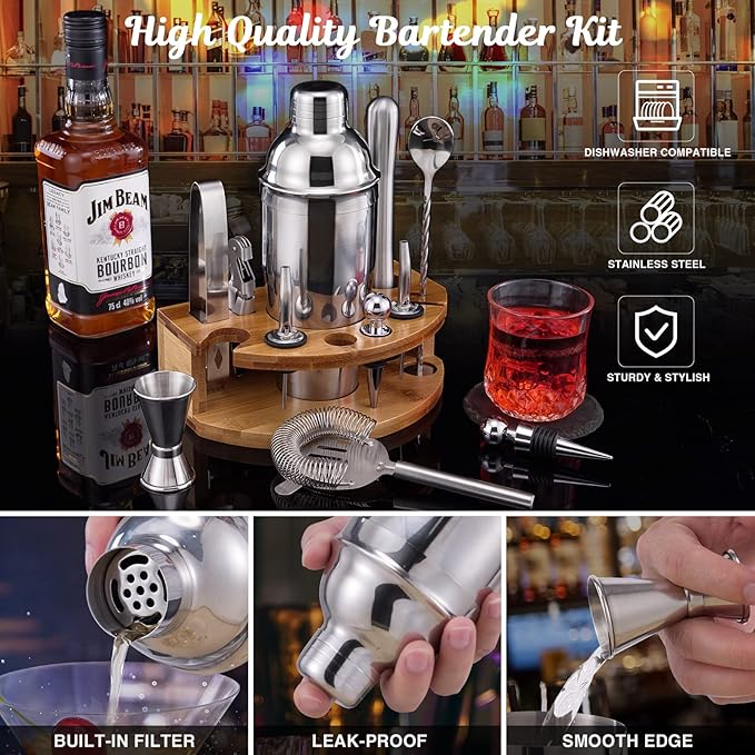 Bartender Kit with Bamboo Stand, 12 Piece 25oz Cocktail Shaker Set with All Essential Bar Tools Set for Drink Mixing, Ideal Gifts for Cocktail Lovers, Home Bar Bartending Kit with Cocktail Recipes