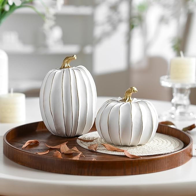 Fall Pumpkin Decor, White and Gold Decorative Pumpkins, Thanksgiving Resin Pumpkins Figurine Set of 2, Elegant Fake Pumpkin Statues for Fall Home Decor, Tabletop Centerpiece, Harvest, Wedding