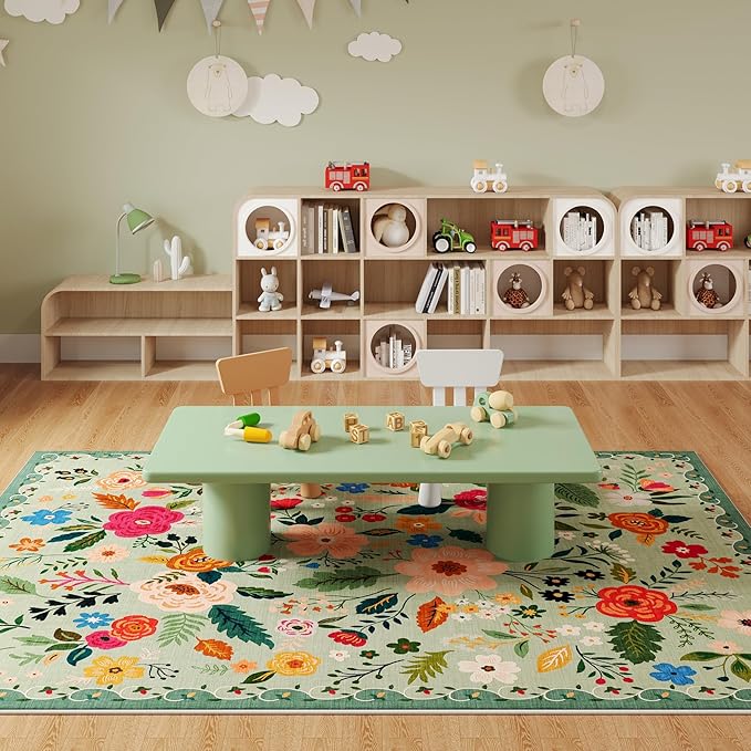 Rugcomf Living Room Rug 6x9 Rug Machine Washable Boho Area Rug Non Slip Floral Vintage Low Pile Large Rug for Living Room, Bedroom, Farmhouse, Dining Room, Kids Playroom(Green)