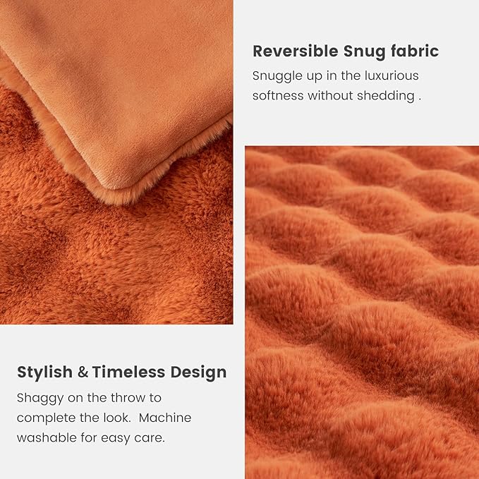 Cozy Bliss Faux Fur Throw Blanket for Couch, Bubble Plush Blanket King Size, Fuzzy Soft & Thick Blanket for Fall Bed Sofa Living Room, 108x90 Inches Halloween Burnt Orange