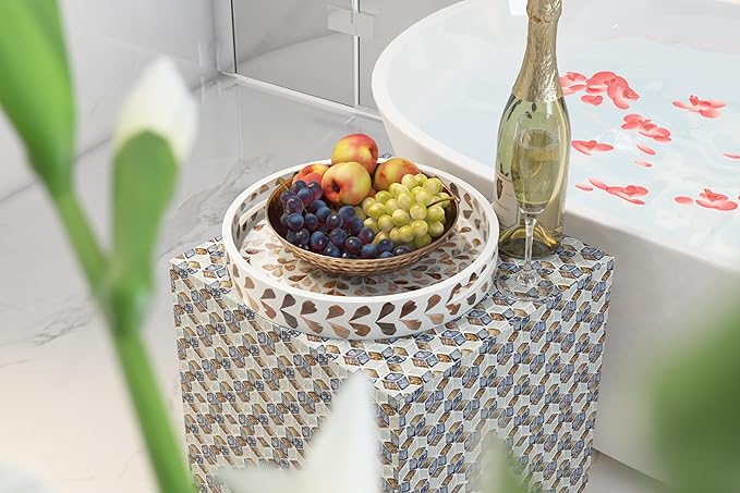 PEMAR 12.6” Mother of Pearl Round Serving Tray with Handles, Decorative Nacred Wooden Ottoman Coffee Table Tray for Dining, Party, Dinner, Breakfast in Bed (Brown Floral Pattern)