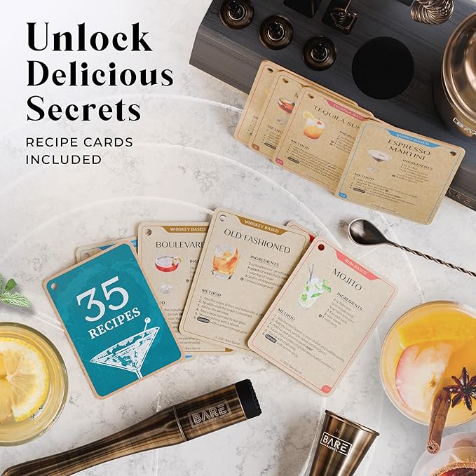 BARE BARREL® Mixology Bartender Kit Bar Set | 14-Piece Cocktail Shaker Set | Martini Barware Mixing Tools for Home Bartending | Incl. 35 Recipe Cards | Gift Set (24oz Cobbler Shaker, Brass/Black)