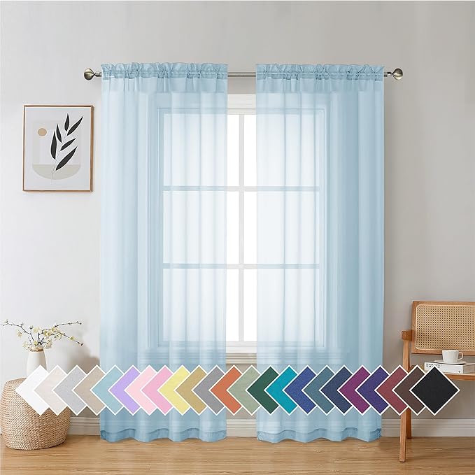 Aiyufeng 2 Pack: Basic Sky Blue Sheer Curtain Drapes 72 Inch Length 2 Panels for Living Room, Light Filtering Voile Drapes for Bedroom, Patio, Sliding Door, Each 42" W x 72" L