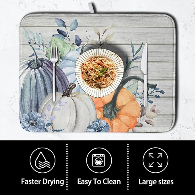 Fall Blue Orange Grey Pumpkin Kitchen Dish Drying Mat for Kitchen Counter 18x24 Inch Autumn Teal Flowers Drying Mat Thanksgiving Harvest Dish Drainer Mat Super Absorbent Dish Rack Pad for Coffee Bar