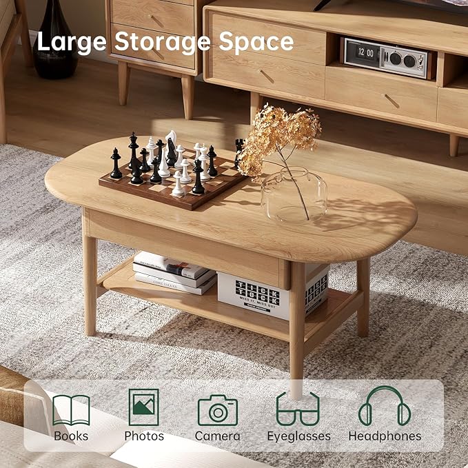 100% Solid Wood Coffee Table for Living Room, 2-Tier Coffee Table with 2 Drawers and Shelf Storage, Mid Century Modern Living Room Table for Home (Oak Natural Wood, 39.37'' W)