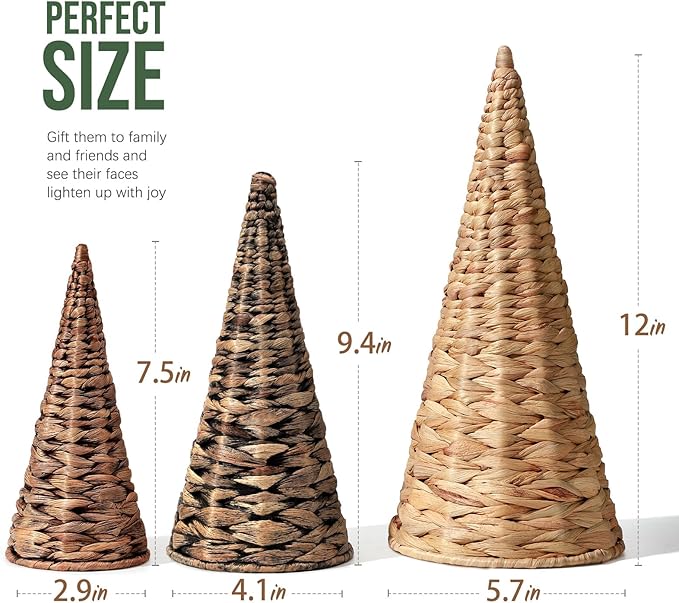 3pcs Woven Water Hyacinth Christmas Trees Decor, Artificial Christmas Tree Decorations for Home Party Table Village Craft Indoor Outdoor Vintage Christmas Decor(Natural+Black+Brown)