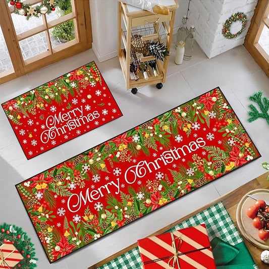ACZHHZC Merry Christmas Kitchen Rugs and Mats Set of 2, Winter Snowflake Xmas Tree Holiday Home Kitchen Decor Floor Mats, Washable Non-Slip Sink Carpet (Christma 4, 17"x47"+17"x30")