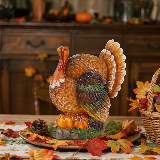 winemana Thanksgiving Table Decorations Resin Turkey with Pumpkin, Hand-Painted Fall Figurine Centerpiece for Home Kitchen Office Harvest Day Decor
