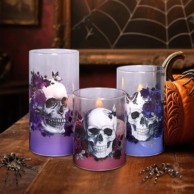 Halloween Glass Flameless Candles Romantic Gothic Skull Floral Battery Operated Remote Timer Flickering LED Pillar Candle for Wedding Party Goth Bathroom Decor