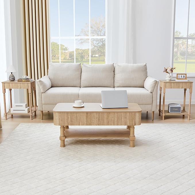 23.6” Large End Table with Charging Station, Set of 2, Modern Farmhouse Side Table Sofa Tables with Fluted Drawer, Wooden Bedside Table Night Stand for Bedroom Living Room Home Office,Natural