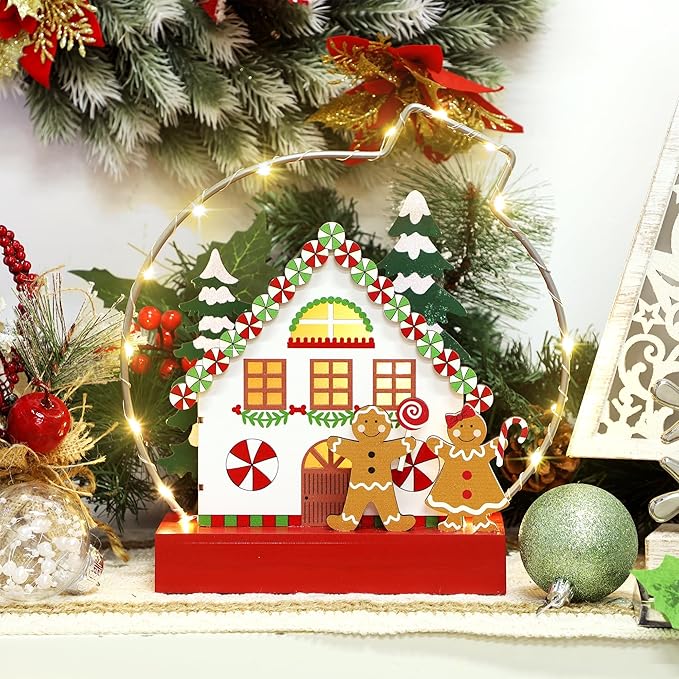 Christmas Tabletop Decoration, Wooden Lighted Gingerbread House Ornaments, Battery Operated Christmas Indoor Fireplace Home Table Decorations