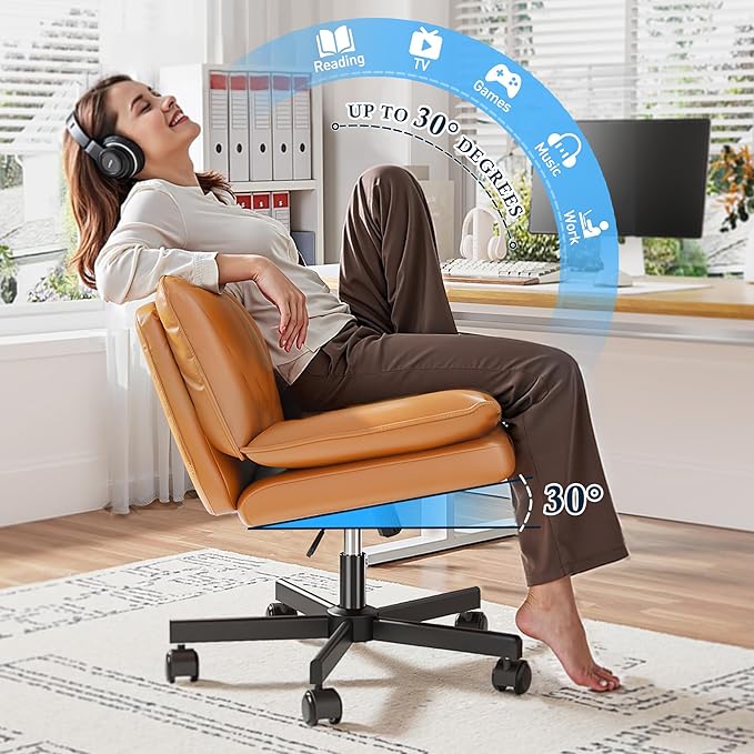 Armless Criss Cross Chair with Wheels, Leather Cross Legged Office Chair with 2-Layer Cushion,Swivel Modern Home Office Desk Chair 25.5" Wide Seat Height Adjustable,Vanity Chairs,Orange