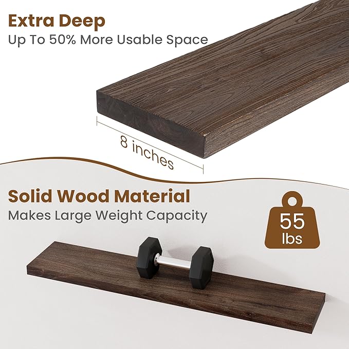 Floating Shelves for Wall Decor, 8 Inch Deep Rustic Solid Elm Wood Floating Shelves Wall Mounted, Wall Shelves with Invisible Bracket for Living Room Bathroom Bedroom Kitchen, 40 Inch Set of 1, Walnut