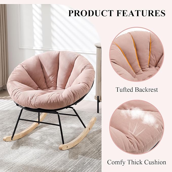 NIOIIKIT Nursery Saucer Rocking Chair, Corduroy Upholstered Round Glider Chair, Nursing Chair with Comfy Cushion, Tufted Papasan Chair, Cozy Reading Chair for Living Room, Bedroom (Pink)