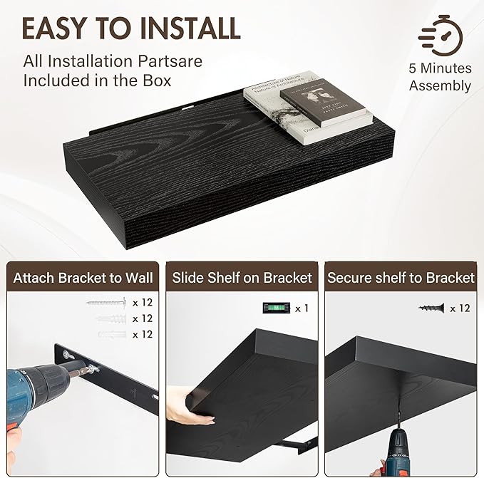 24 Inch Floating Shelves, 12" Deep Floating Shelf Wall Mounted, 24" Wall Shelves, Rustic Deep Bookshelf, Extra Deeper & Thicker Display Shelves for Bedroom, Living Room, Black, Set of 2