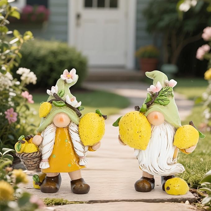 Hodao Set of 2 Lemon Gnome Figurines Sets - Lemon-Themed Gnomes Indoor Home Decor for Summer - Decorative Gnomes for Kitchen, Living Room, or Shelf - Cute Yellow Ornaments for Thanksgiving (Yellow-2)