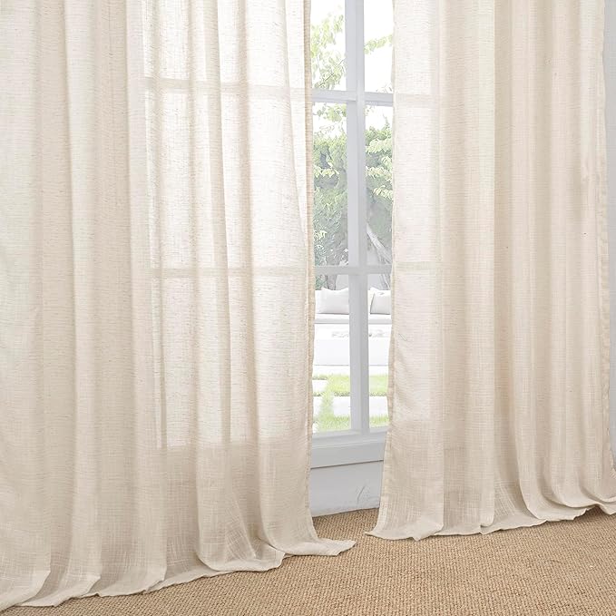 BGment Oatmeal Semi Sheer Curtains for Living Room 84 Inch Length 2 Panels Set - Rod Pocket Linen Drapes Camel Light Filtering Window Treatments for Bedroom Dining Farmhouse Lightweight, 52 X 84 Inch