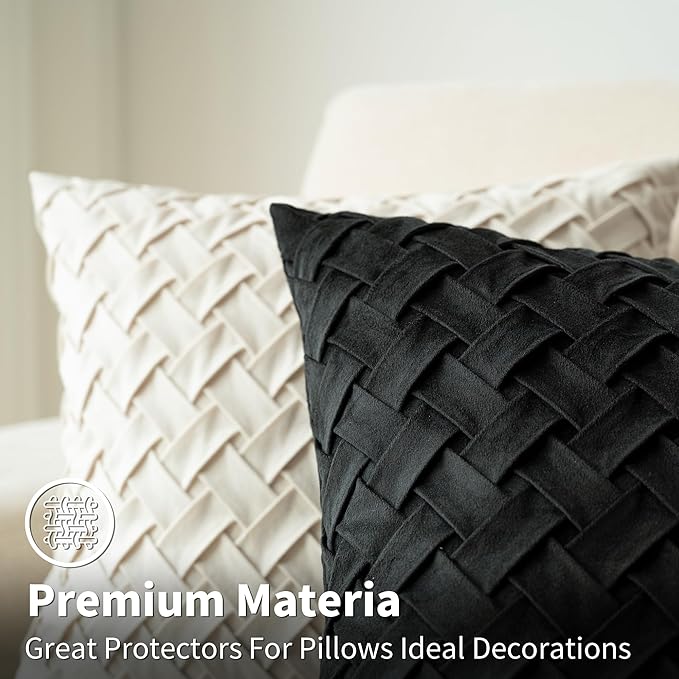 Velvet Decorative Throw Pillow Covers Set of 2, 18x18 Inch Soft Modern Weave Cushion Case, Farmhouse Home Decor Pillowcase for Sofa Living Room Couch Bed Black