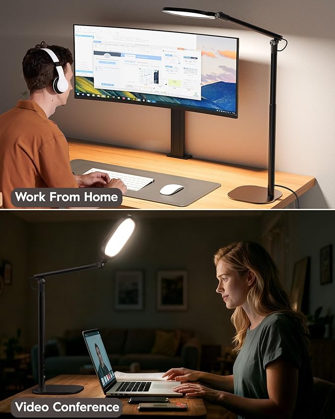 Led Desk Lamps for Home Office with Base, Tall Desk Lamp with 50 Light Modes & Memory and Timer Func Computer Light, Flexible Adjustable Table Lamps for Video Conference, Architect or Study(Black)