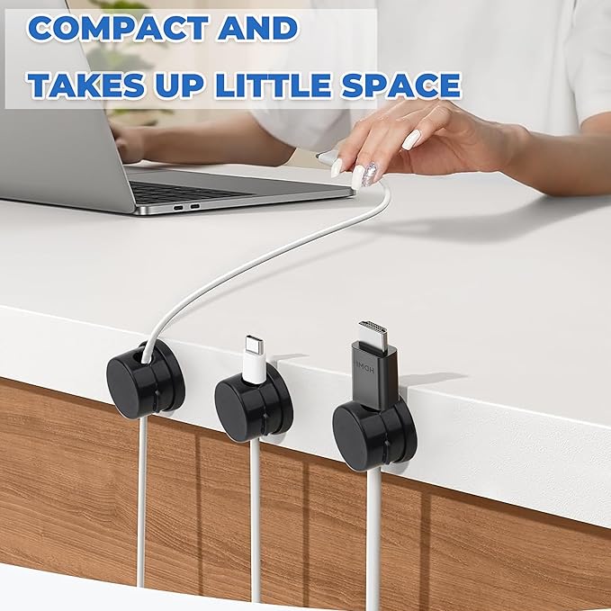 6 Pack Cable Management Clips[Upgrade Rotatable] Home Office Desk Cord Keeper Organizer Accessories Charger USB Wire Organizer Cord Holder for Nightstand (Black)