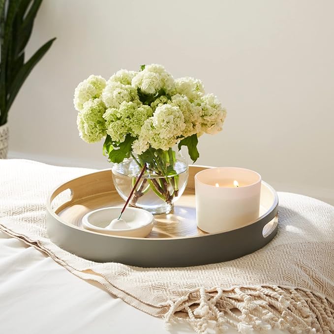 Spun Bamboo Round Wooden Tray, Gray, 13.75 Inches