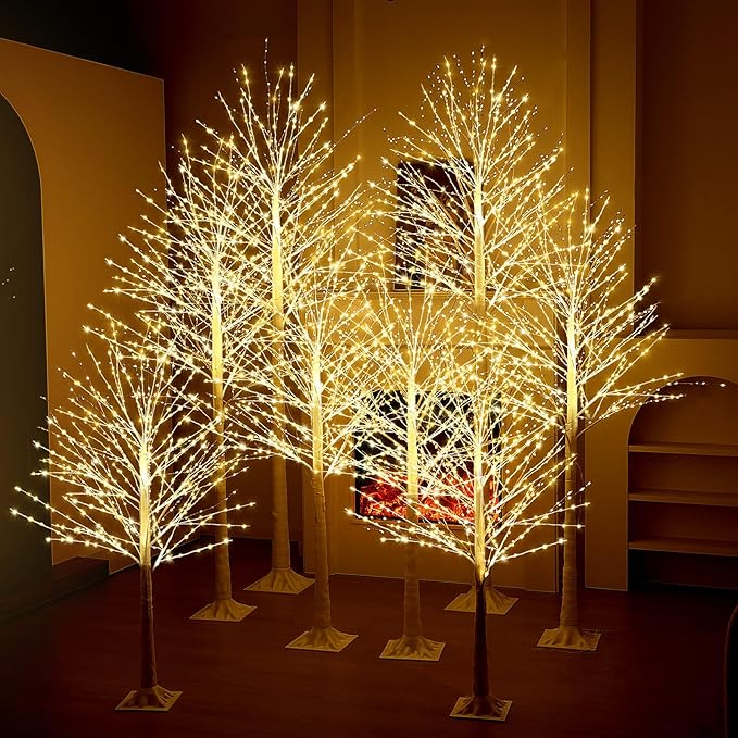 Baquler 8 Pack Lighted Birch Tree - Artificial LED Warm-White Light Birch Tree Decoration for Christmas Holiday Party Wedding Festival Decor, Indoor & Outdoor (4 5 6 8 ft)
