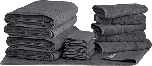 Mosobam Luxury Turkish 14pc Deluxe Bath Bundle Body Hand Face Towel and Mat Charcoal Gray (Dark Grey) 700 GSM & 1000 GSM Bamboo Viscose & Aegean Turkish Combed Cotton