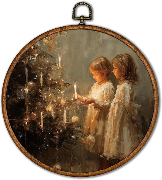 KSDUT Vintage Christmas Wall Decor Art - Retro Girls Christmas Wall Art Canvas Frame Hanging Prints, Merry Xmas Holiday Round Wall Art Decor for Home Farmhouse Decorations 10"x10"